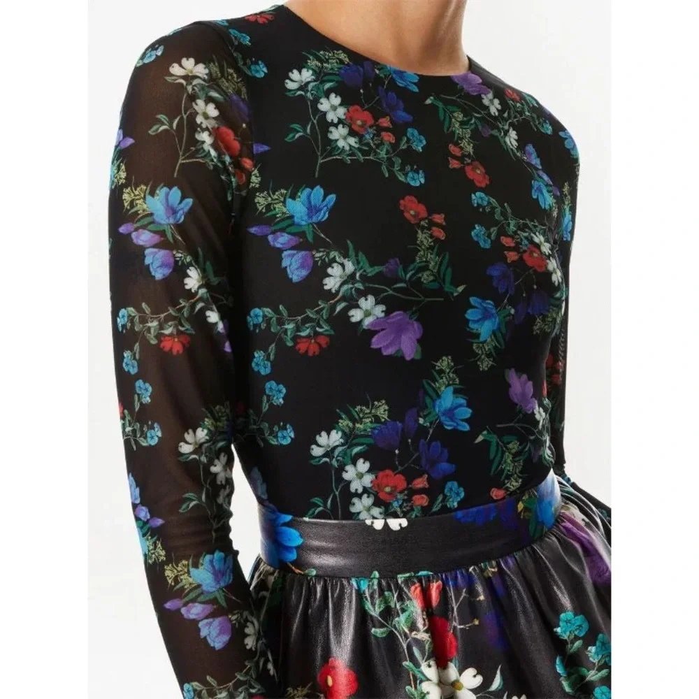 Alice + Olivia Faux Leather Mesh Long Sleeve Black Floral Mini Dress NWT Blooms - Picture 5 of 8